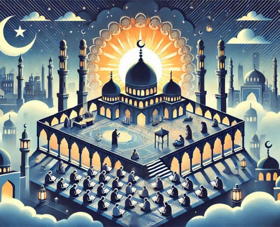 Muslim people reading the Quran inside a mosque